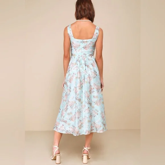 Lulus Darling Adoration Floral Midi DressSz  XL Pockets Square Neck Basque Waist - Picture 6 of 16